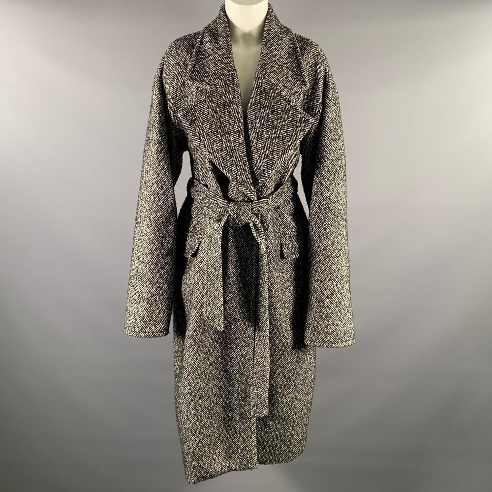 RONNY KOBO Size L Black White Polyester Wool Herringbone Double Breasted Coat